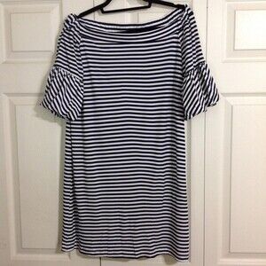 DONNA MORGAN Size 8 Navy Blue White Striped Off Shoulder Balloon Sleeve Dress